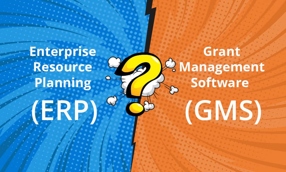 Image of comic book style background with ERP vs GMS text overlayed. With question mark over the top. Image accompanying blog post about Which comes first, ERP or Grant Management System?